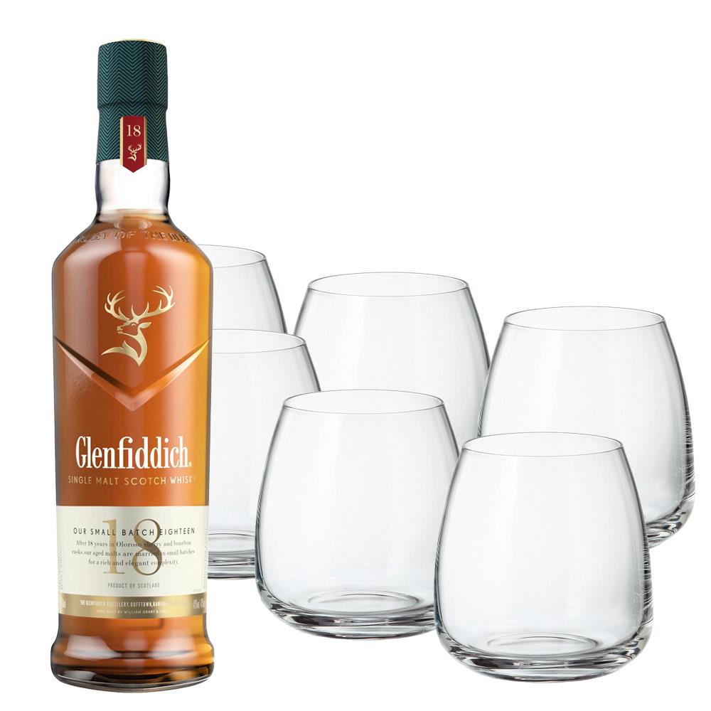 Glenfiddich 18 Year OldSingle Malt Whisky with Six Bohemia Anser Tumblers
